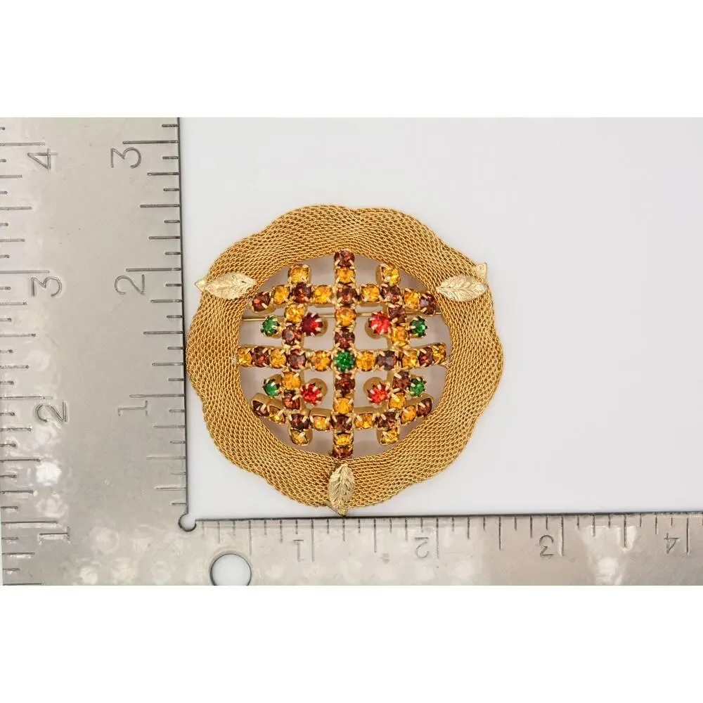Vintage Crystal Pin Brooch Mesh Gold Prong Multi-Color Rhinestone 1970s BinAT
